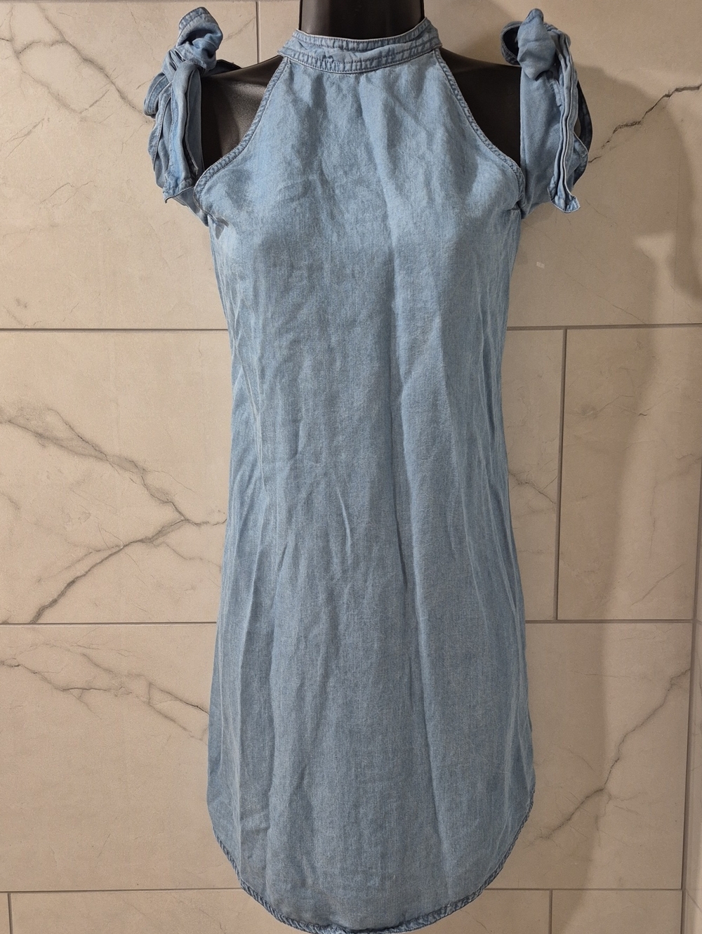 Light Blue Denim Mini Dress with Tie Shoulders